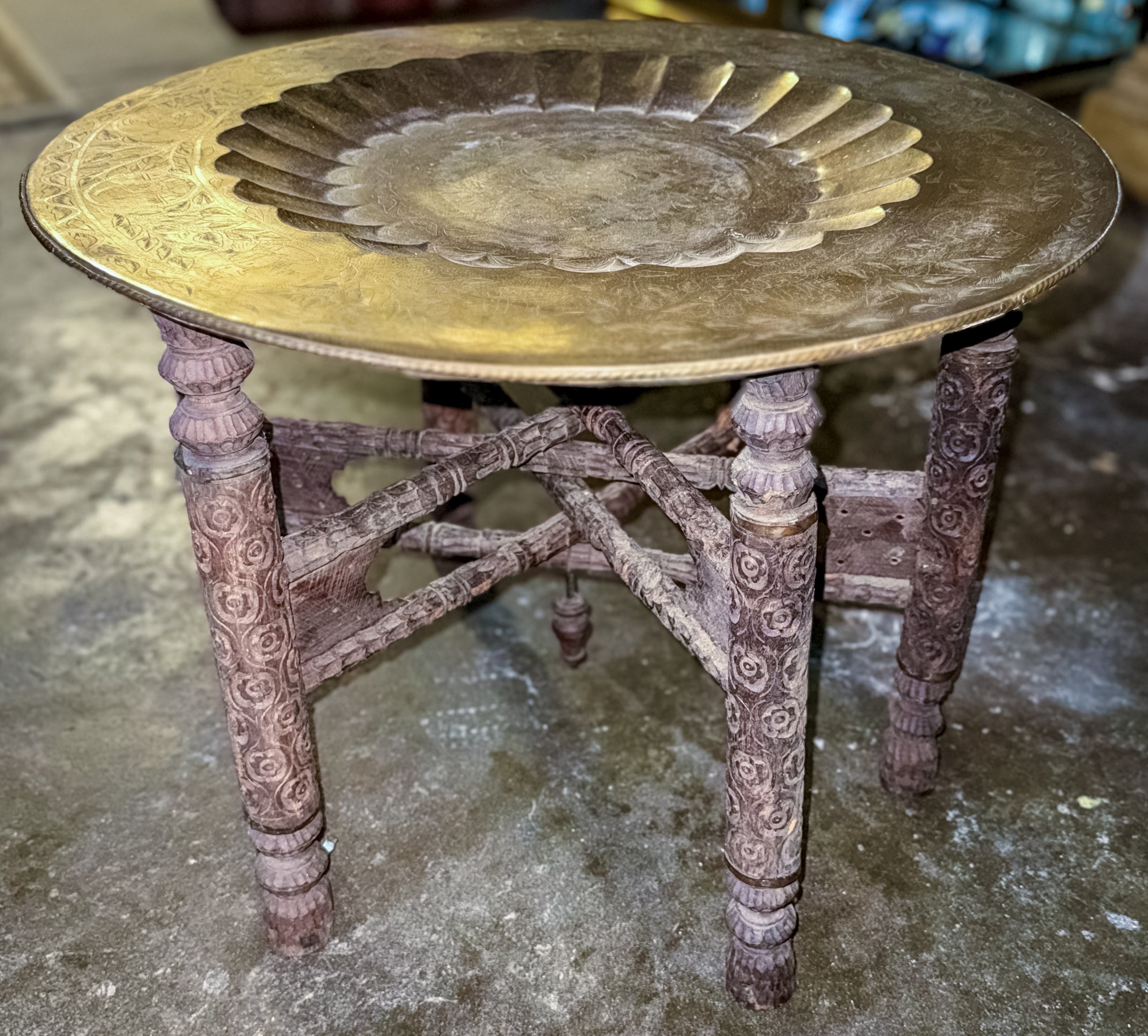 Vintage Moroccan Brass Tray atop Vintage Wooden Folding Legs