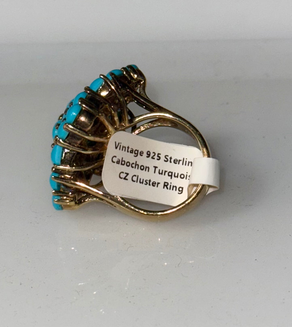 Vintage 925 Sterling Cabochon Turquoise CZ Cluster Ring