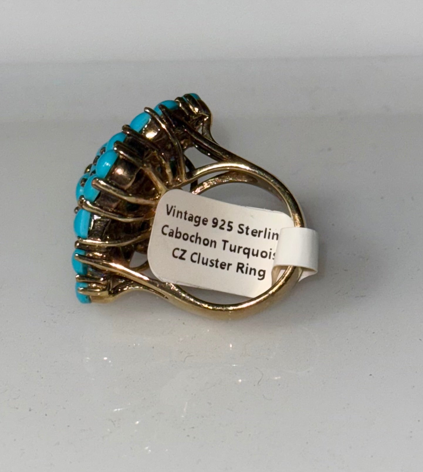 Vintage 925 Sterling Cabochon Turquoise CZ Cluster Ring
