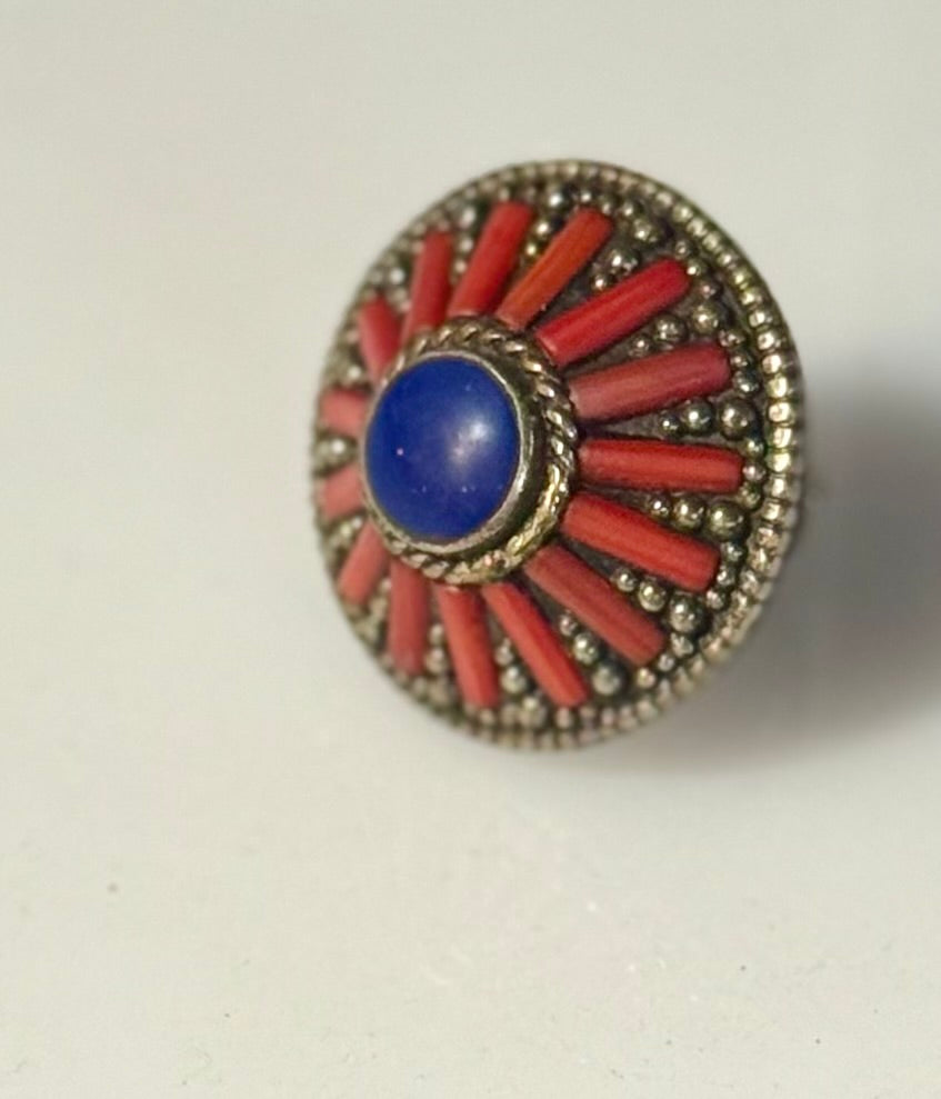 Tibetan Silver Lapis & Coral Ring