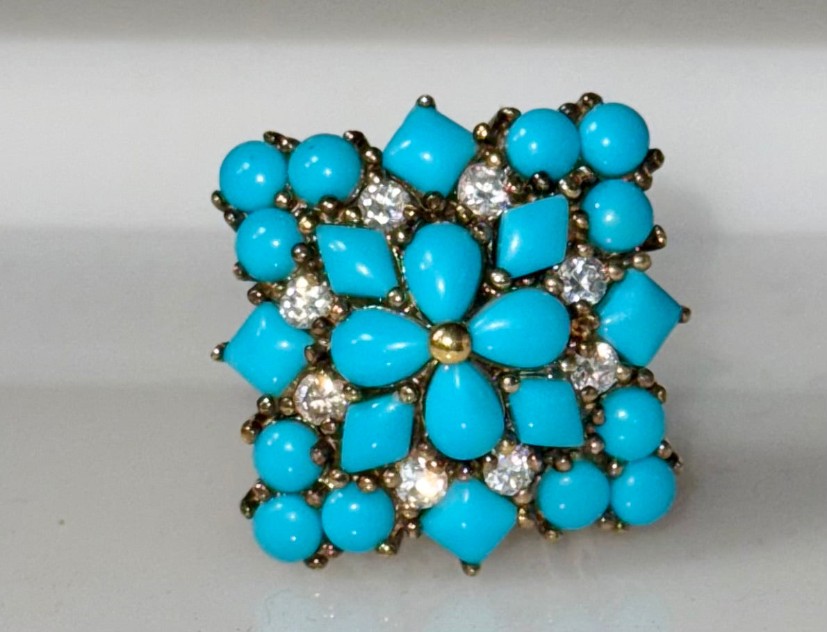 Vintage 925 Sterling Cabochon Turquoise CZ Cluster Ring