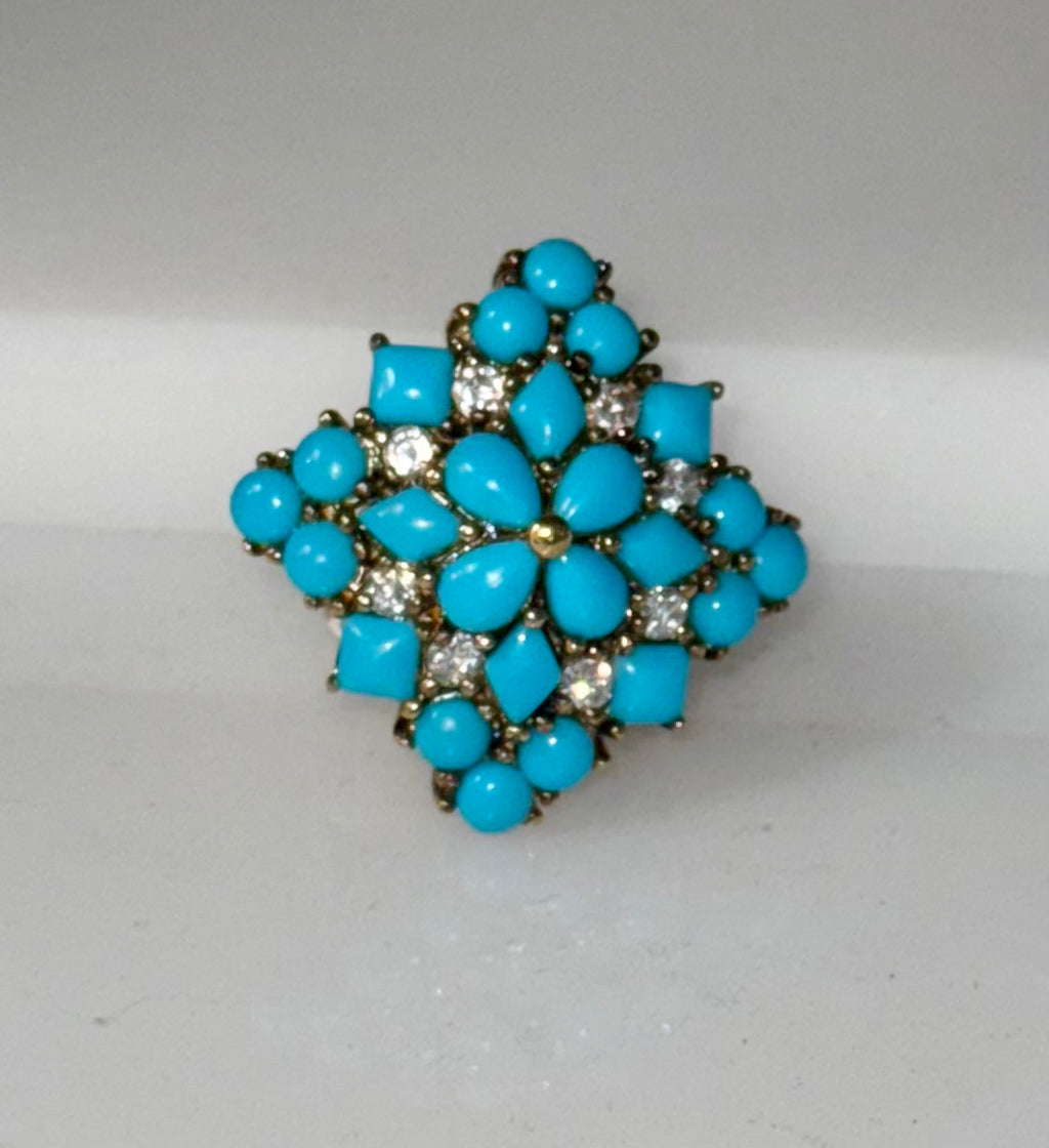 Vintage 925 Sterling Cabochon Turquoise CZ Cluster Ring