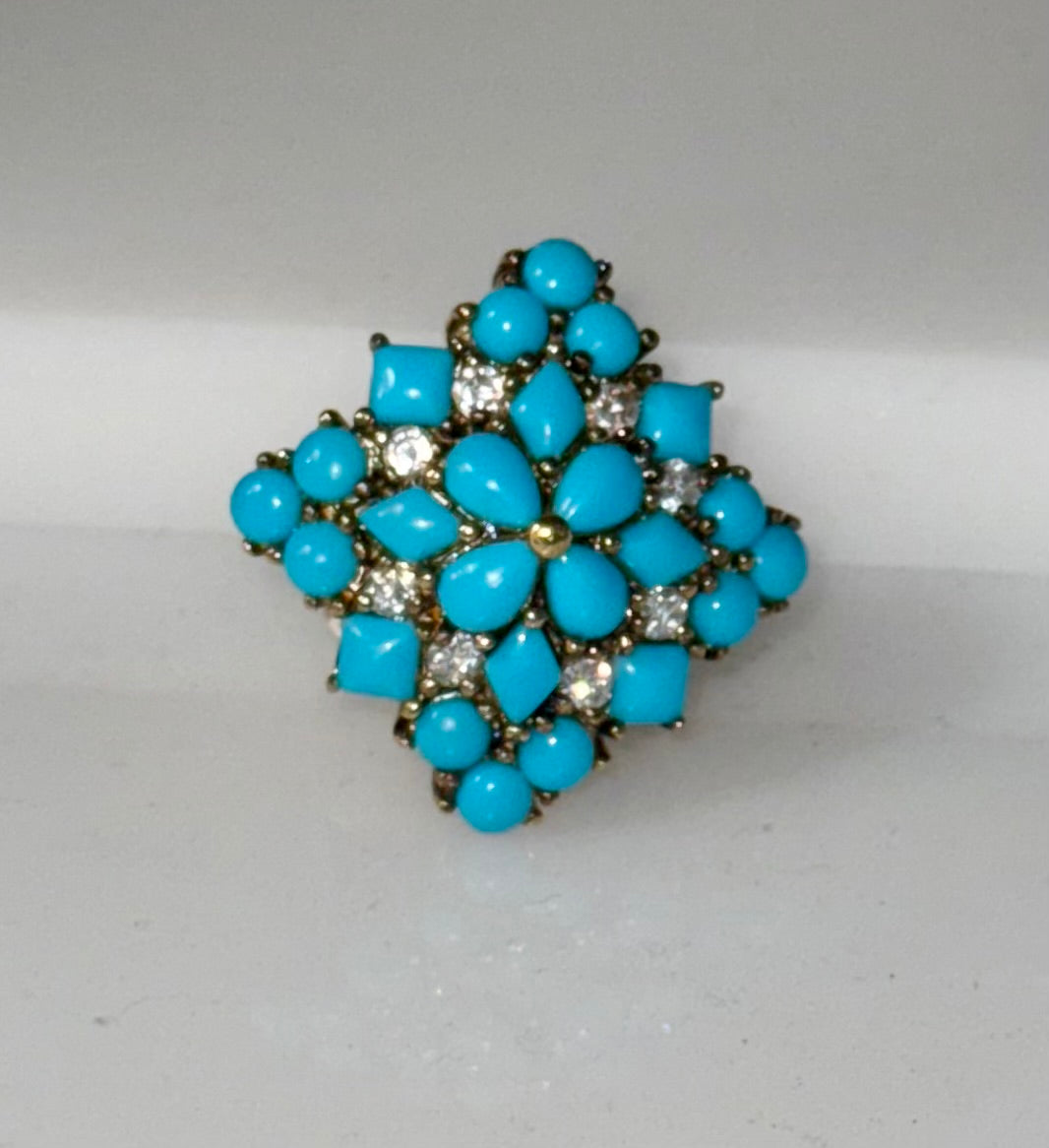 Vintage 925 Sterling Cabochon Turquoise CZ Cluster Ring