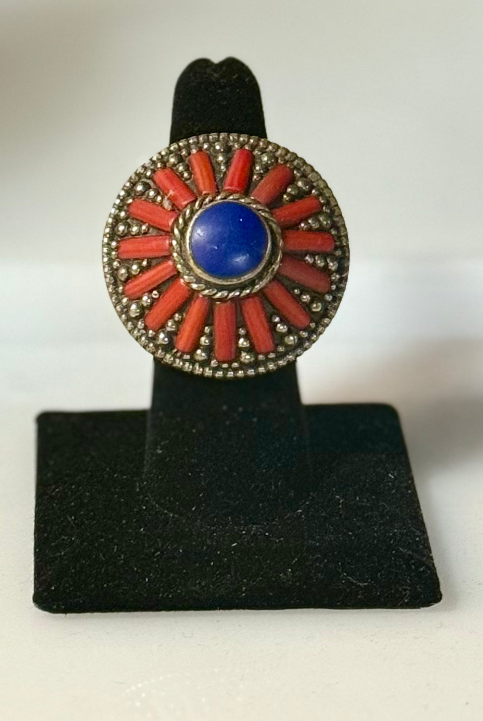Tibetan Silver Lapis & Coral Ring
