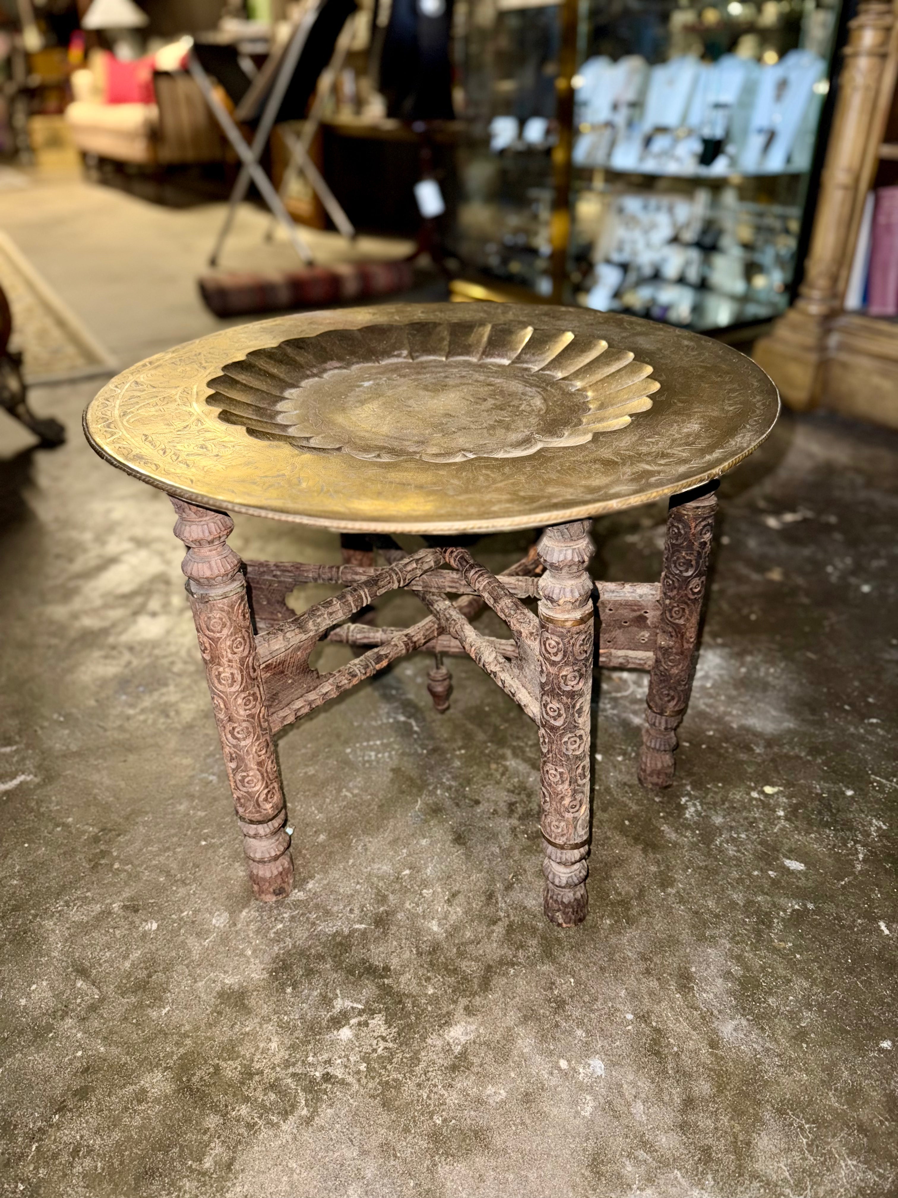 Vintage Moroccan Brass Tray atop Vintage Wooden Folding Legs