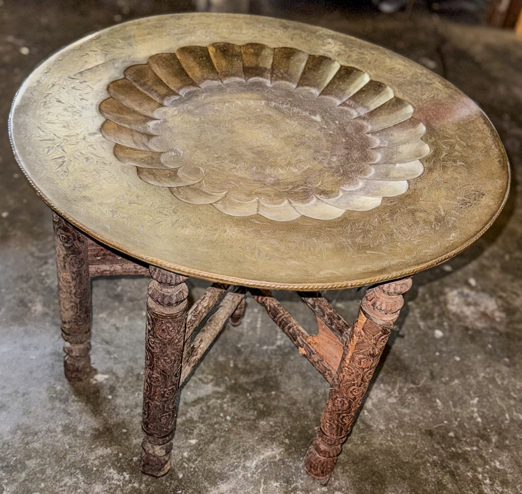 Vintage Moroccan Brass Tray atop Vintage Wooden Folding Legs
