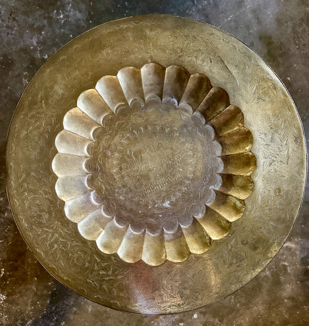 Vintage Moroccan Brass Tray atop Vintage Wooden Folding Legs