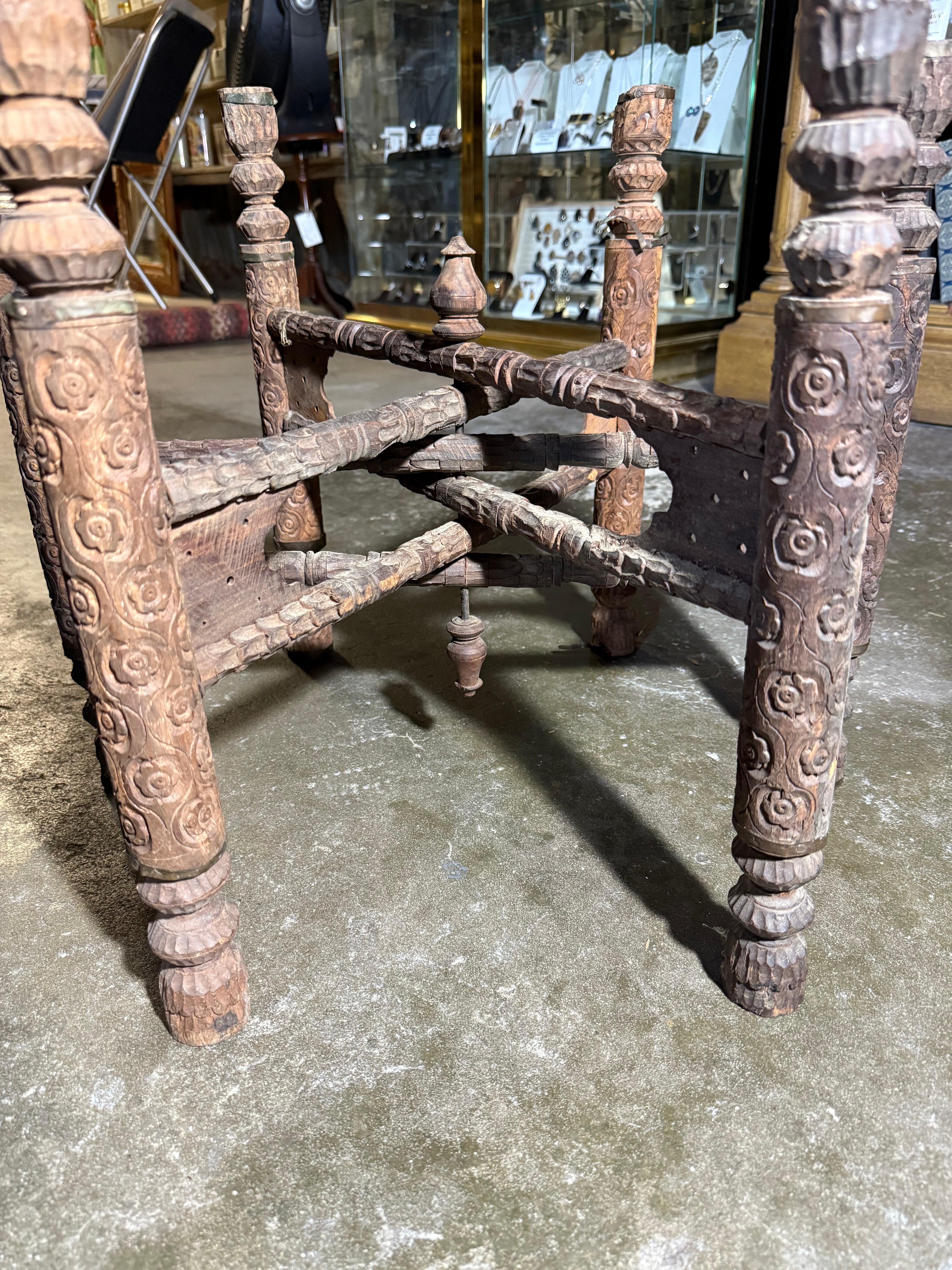 Vintage Moroccan Brass Tray atop Vintage Wooden Folding Legs